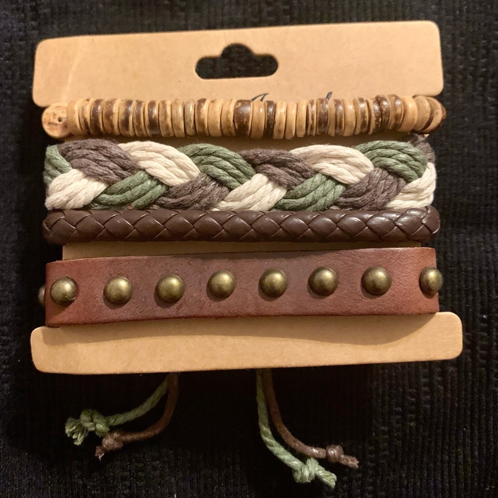 Unisex 4pc Faux Leather & Wood Bracelets